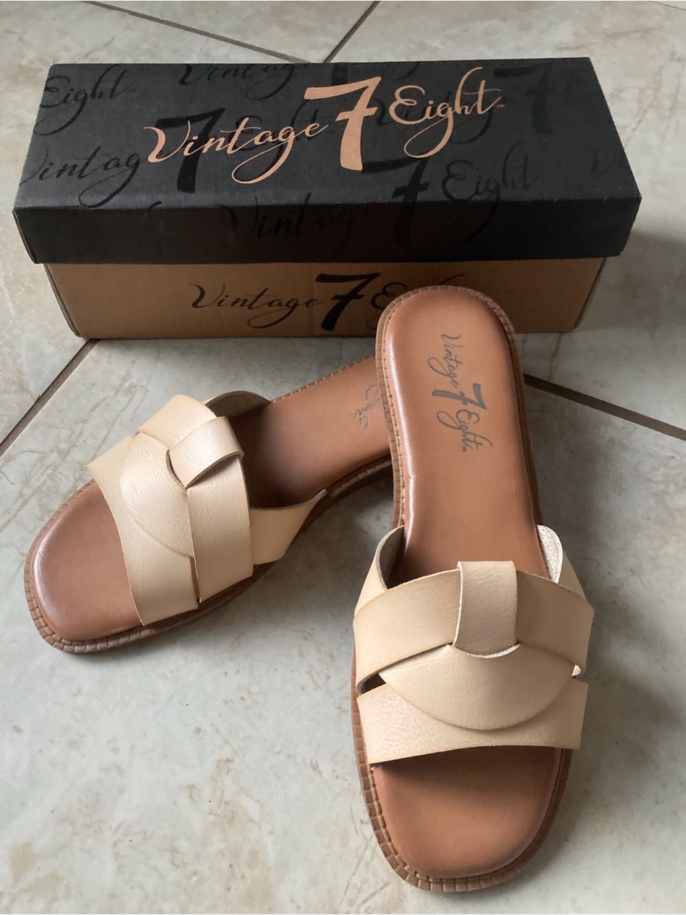 Vintage 7 Eight Beige Slide Sandals
